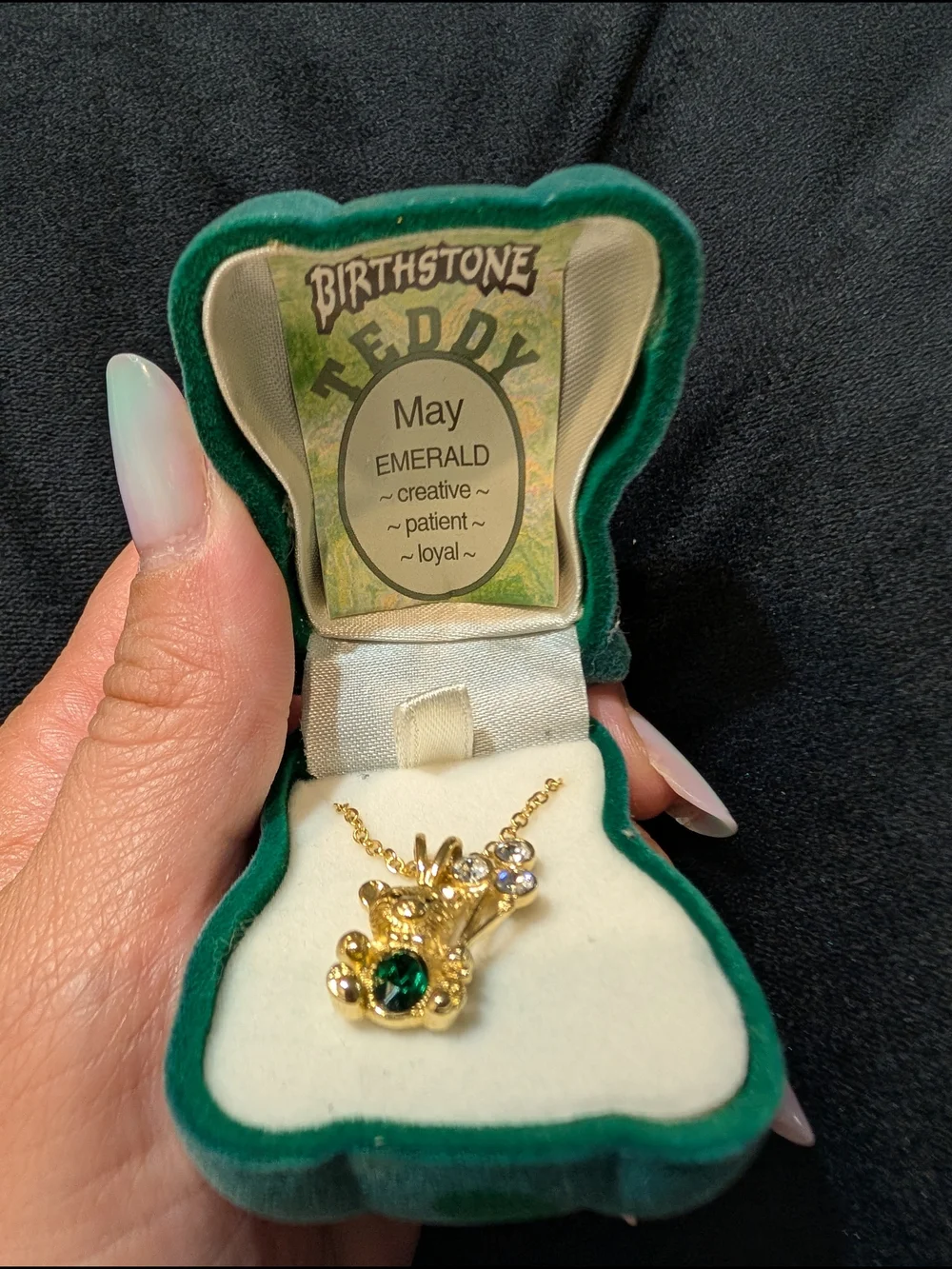 Gold-Tone Teddy Bear Pendant Necklace with Emerald Accent